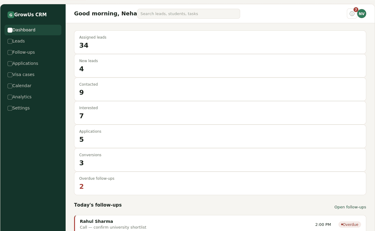 GrowUs CRM — Education Vertical Education CRM — product interface screenshot