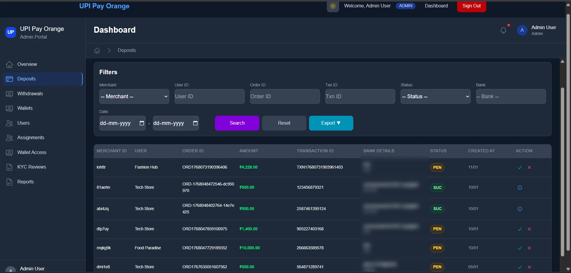 Fydus Pay Payment Gateway Admin Platform — product interface screenshot